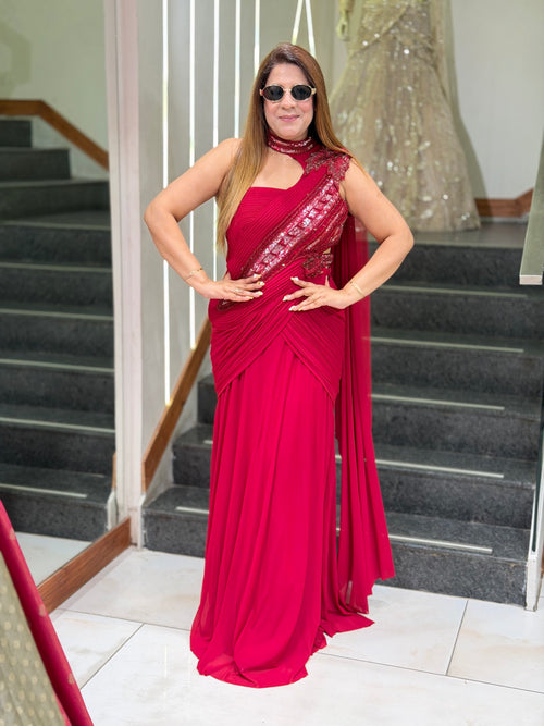 Asymmetric One-Shoulder Pre-Draped Saree Gown | Increase Fashion