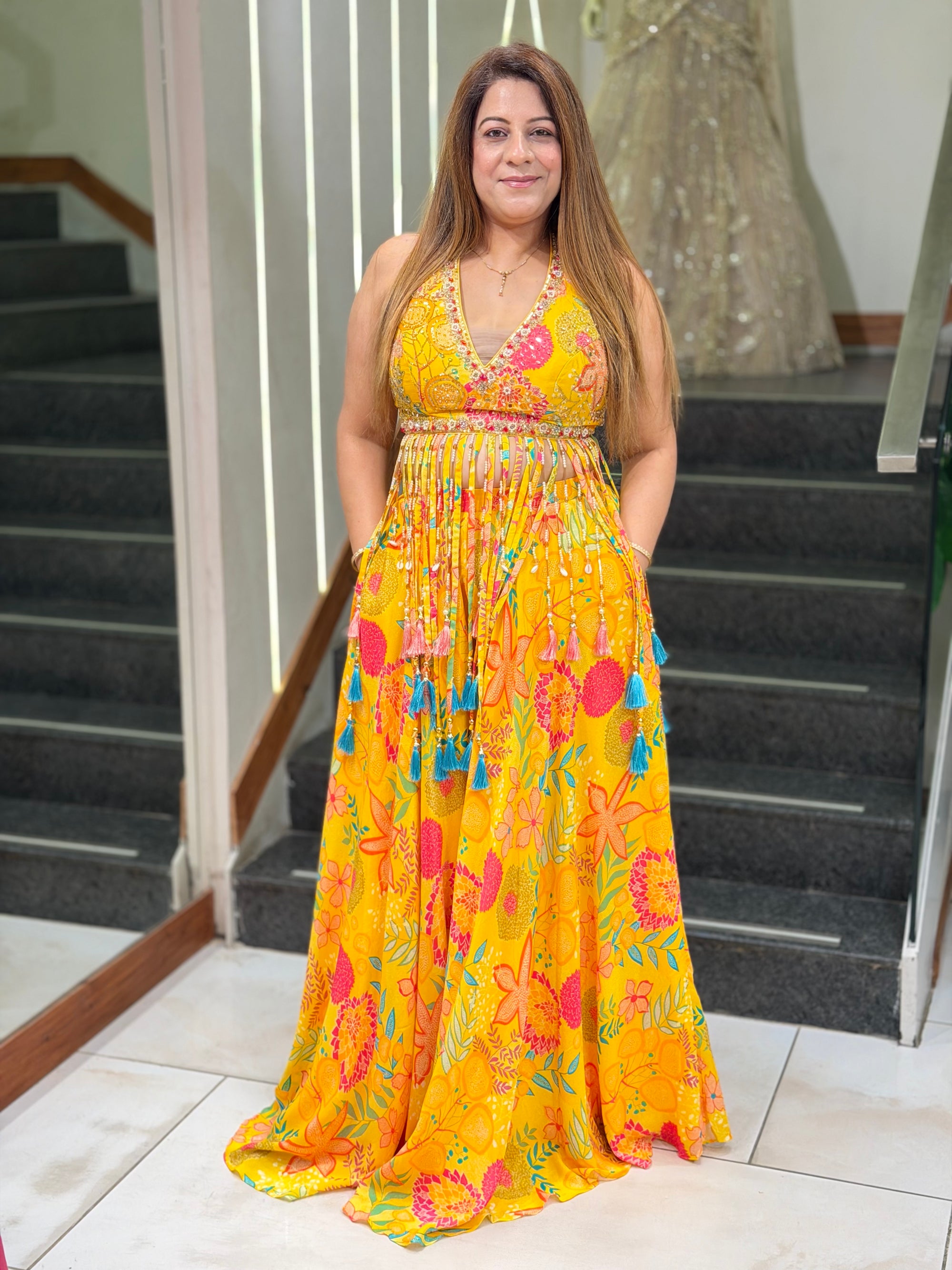 Floral Printed Halter Neck Anarkali Indo-Western Dress with Tassels