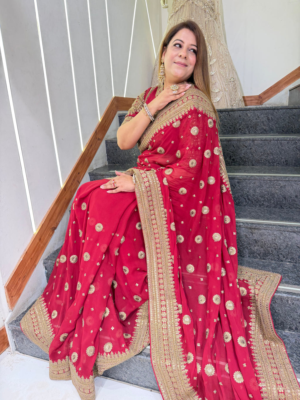 Heavy Embroidered Georgette Saree with Elaborate Blouse – Royal Crimson Red