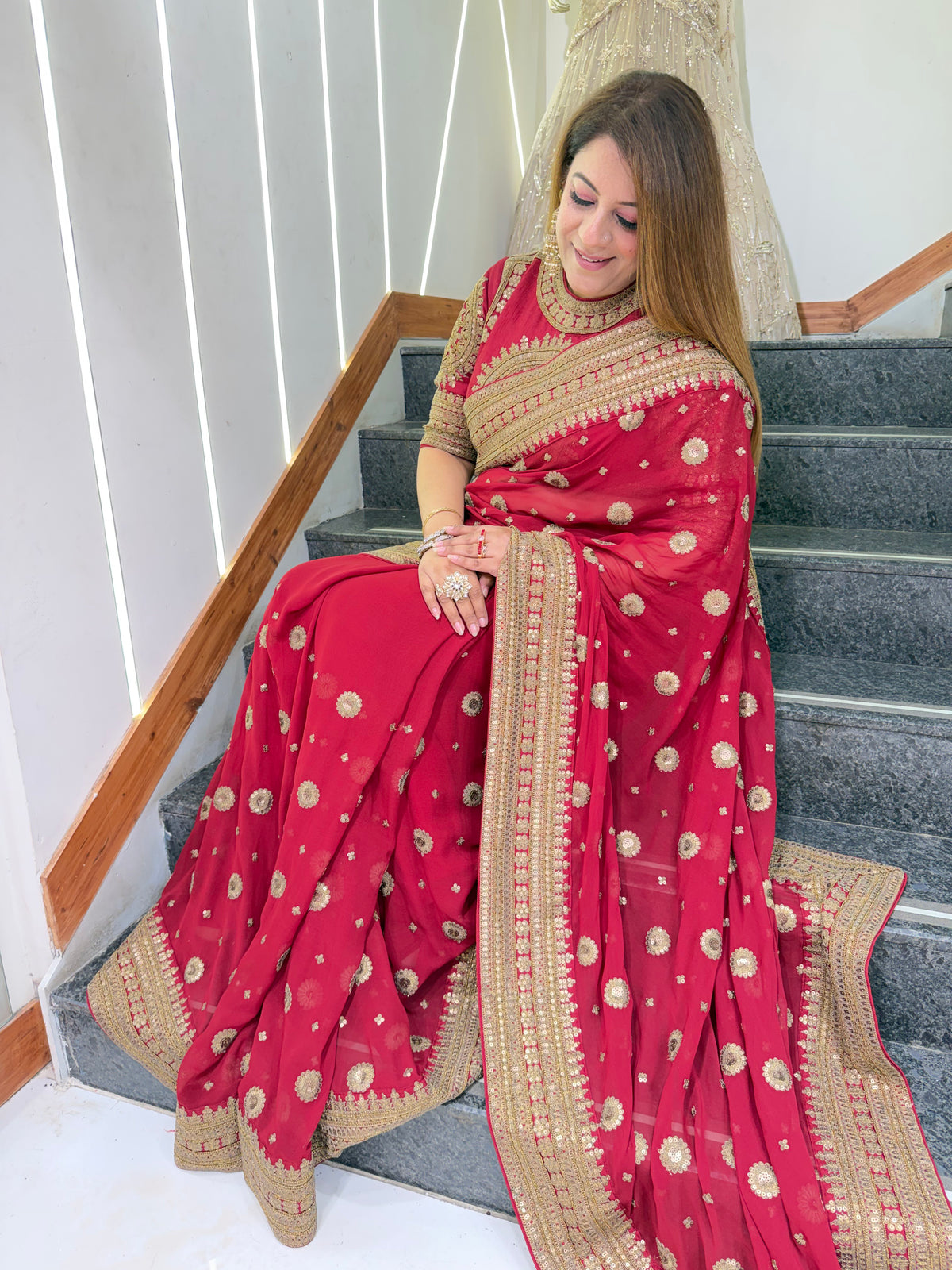 Heavy Embroidered Georgette Saree with Elaborate Blouse – Royal Crimson Red