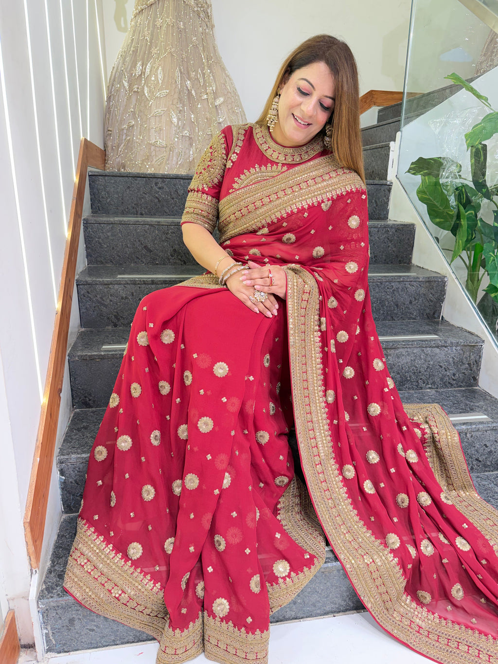 Heavy Embroidered Georgette Saree with Elaborate Blouse – Royal Crimson Red