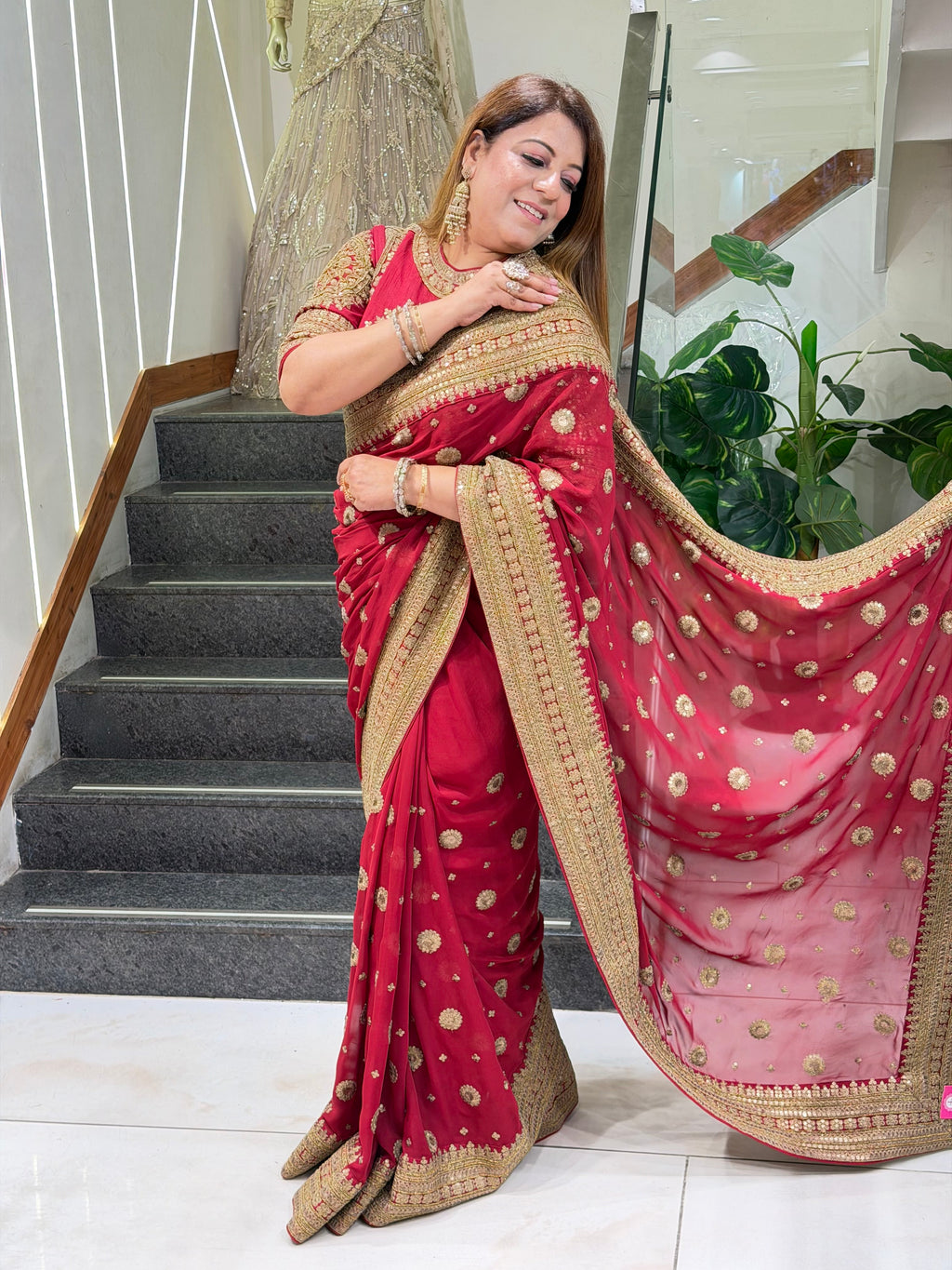 Heavy Embroidered Georgette Saree with Elaborate Blouse – Royal Crimson Red