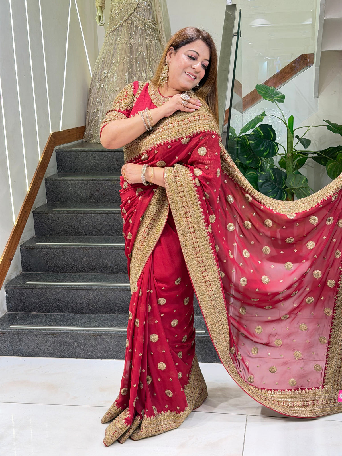 Heavy Embroidered Georgette Saree with Elaborate Blouse – Royal Crimson Red