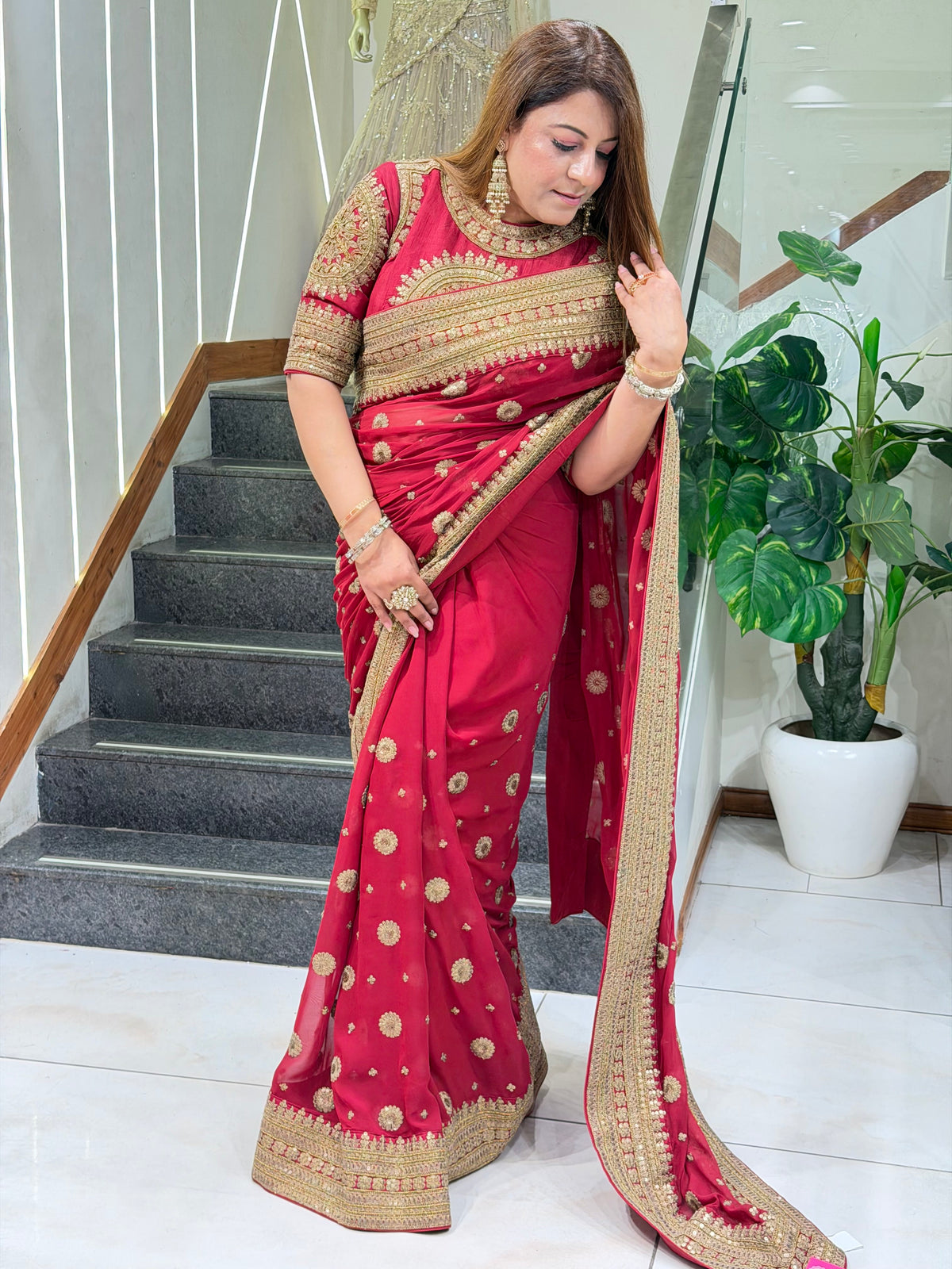 Heavy Embroidered Georgette Saree with Elaborate Blouse – Royal Crimson Red