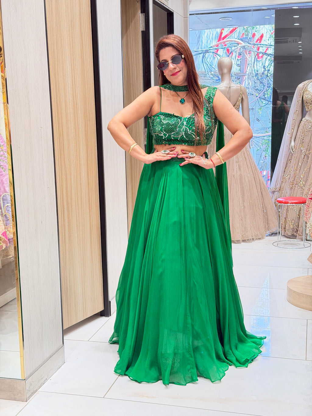 Emerald Green Heavily Embroidered Cape Lehenga Set