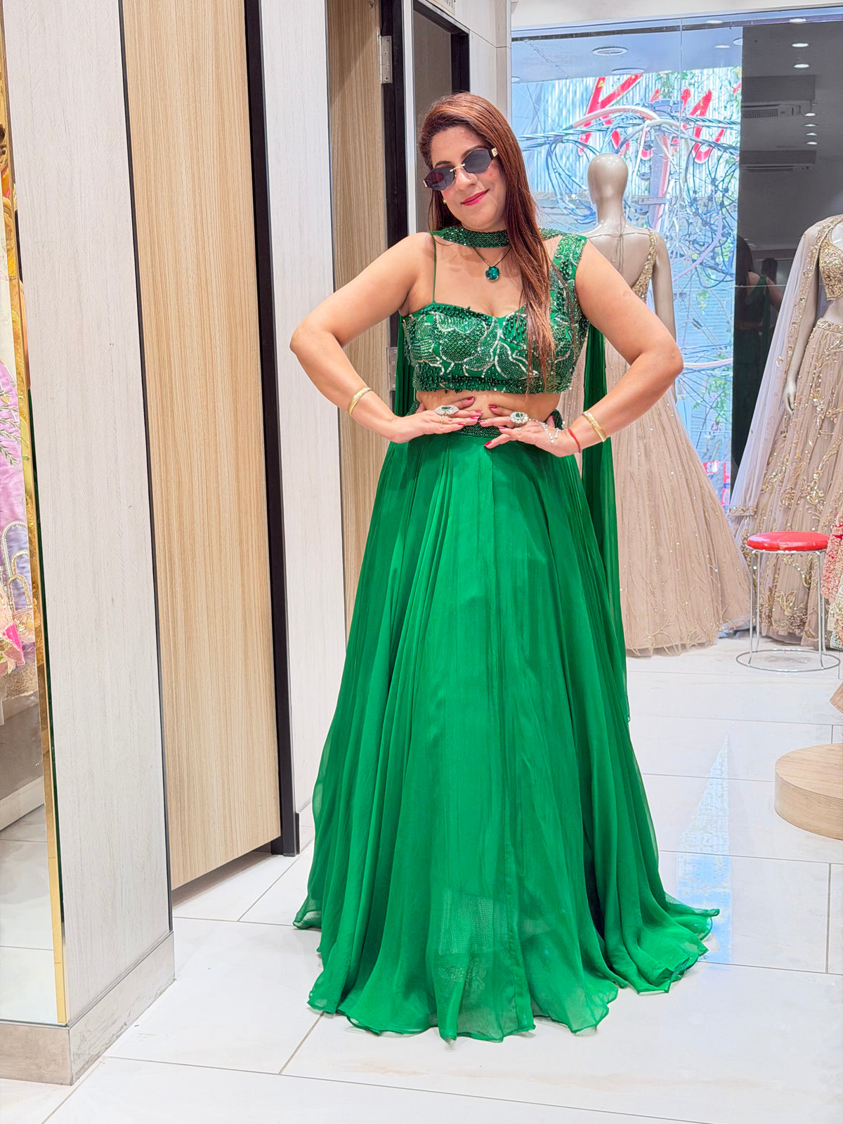 Emerald Green Heavily Embroidered Cape Lehenga Set