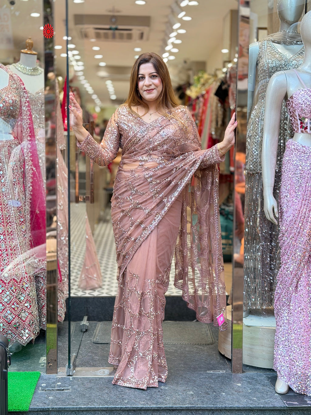 Circular Sequin Cutwork Net Saree with Full-Sleeve Blouse – Dusty Rose Pink
