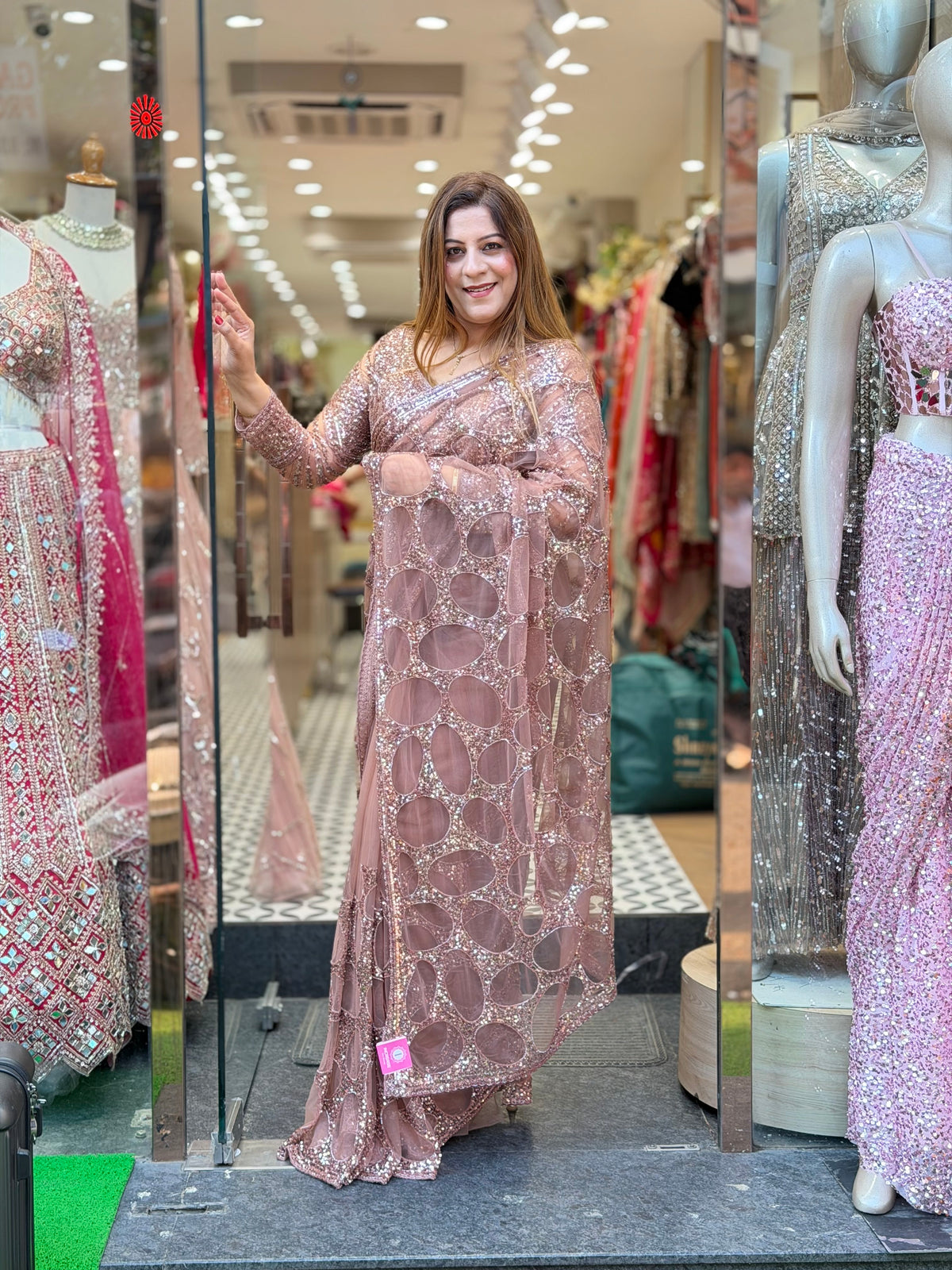 Circular Sequin Cutwork Net Saree with Full-Sleeve Blouse – Dusty Rose Pink