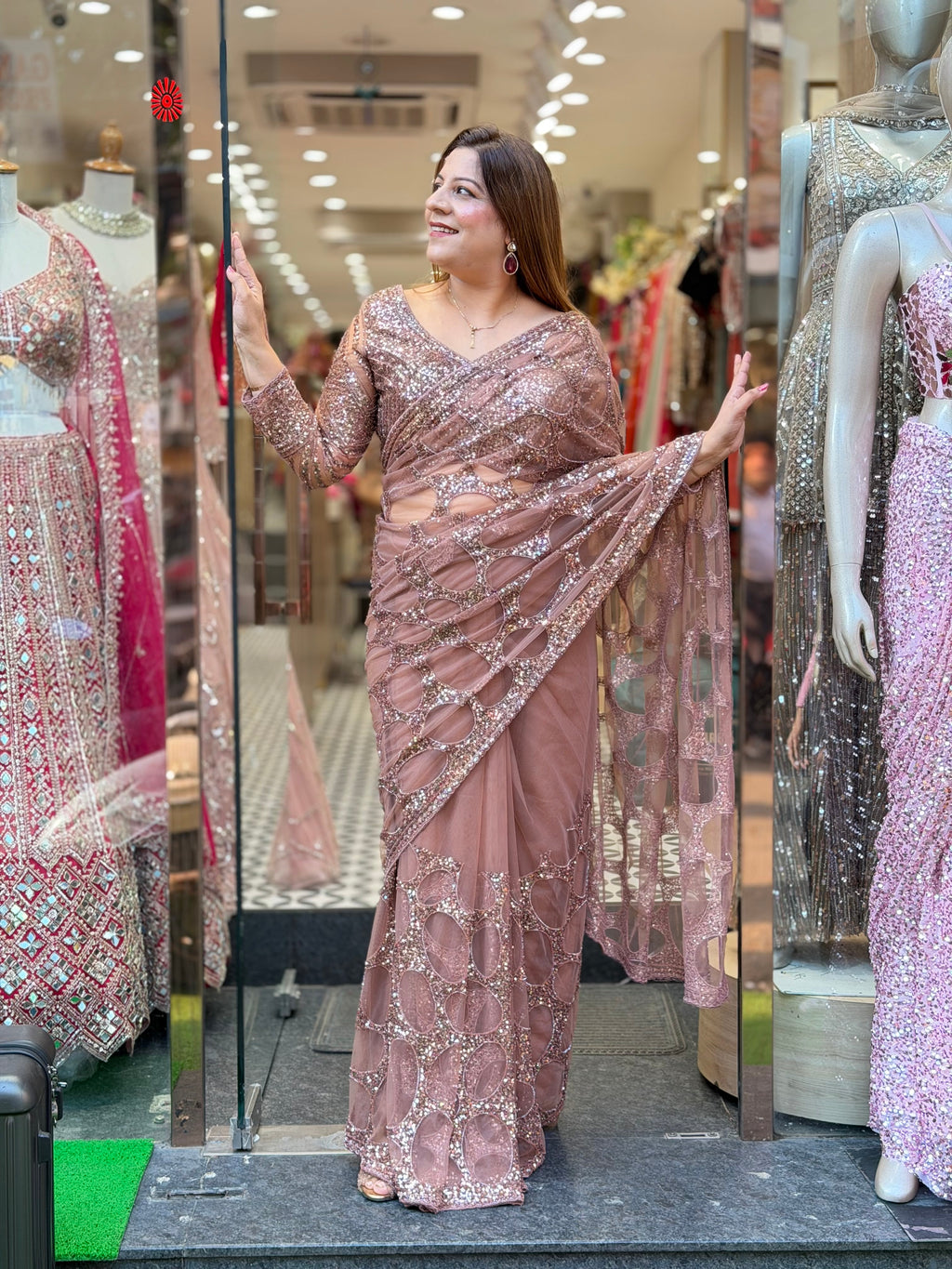 Circular Sequin Cutwork Net Saree with Full-Sleeve Blouse – Dusty Rose Pink