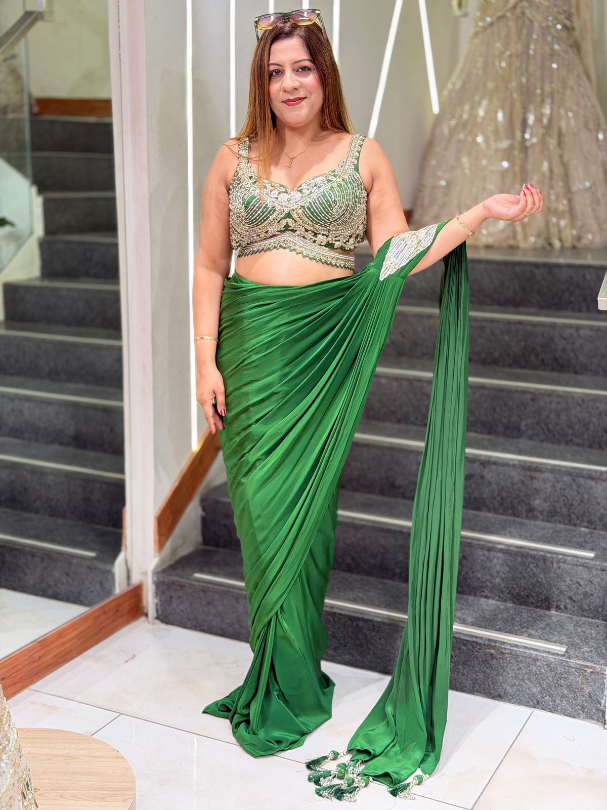 Pre-Draped Silk Saree Set with Hand-Embroidered Corset Blouse – Emerald Green