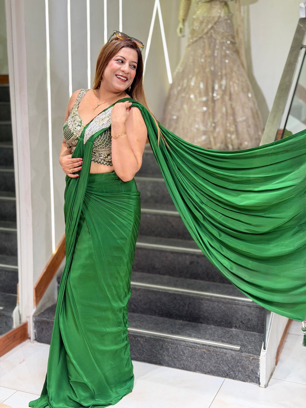 Pre-Draped Silk Saree Set with Hand-Embroidered Corset Blouse – Emerald Green