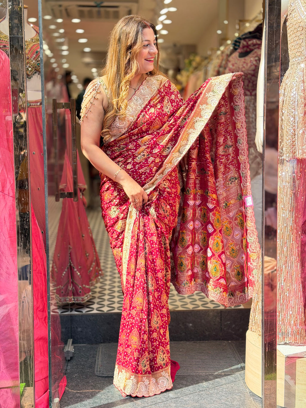 Bandhani Printed Georgette Saree with Embroidered Cutwork Border – Maroon Red