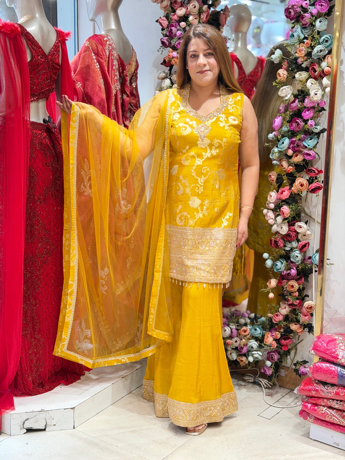 Bright Mustard Yellow Jacquard Silk Kurti & Sharara Suit Set | Increase Fashion