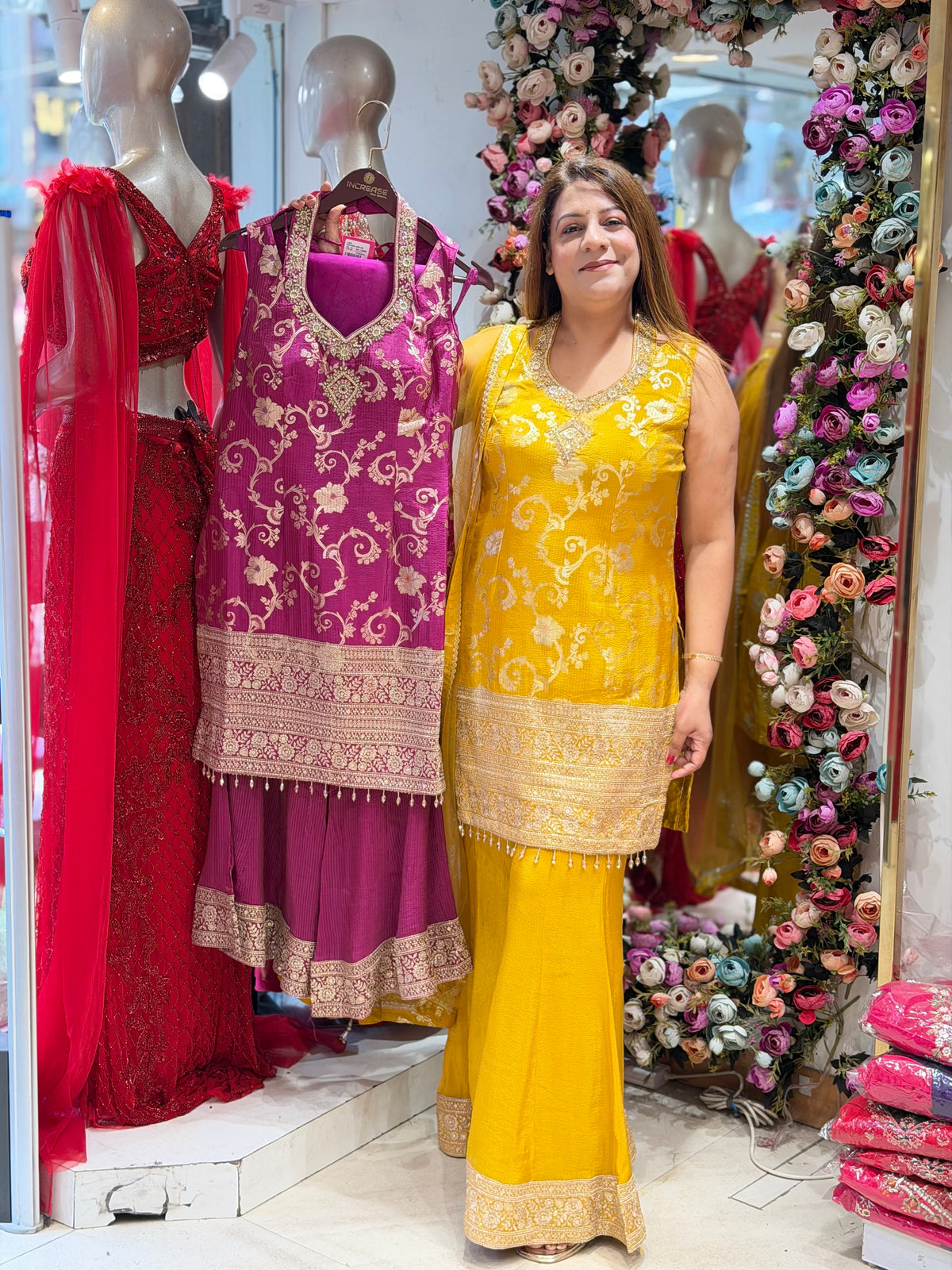 Bright Mustard Yellow Jacquard Silk Kurti & Sharara Suit Set | Increase Fashion
