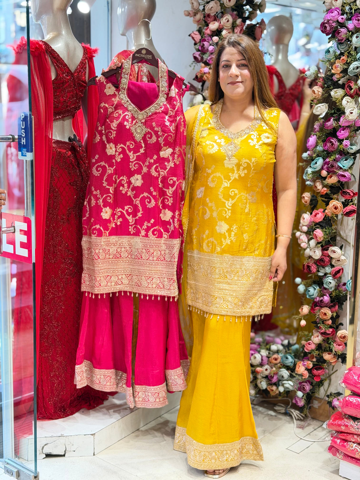 Bright Mustard Yellow Jacquard Silk Kurti & Sharara Suit Set | Increase Fashion