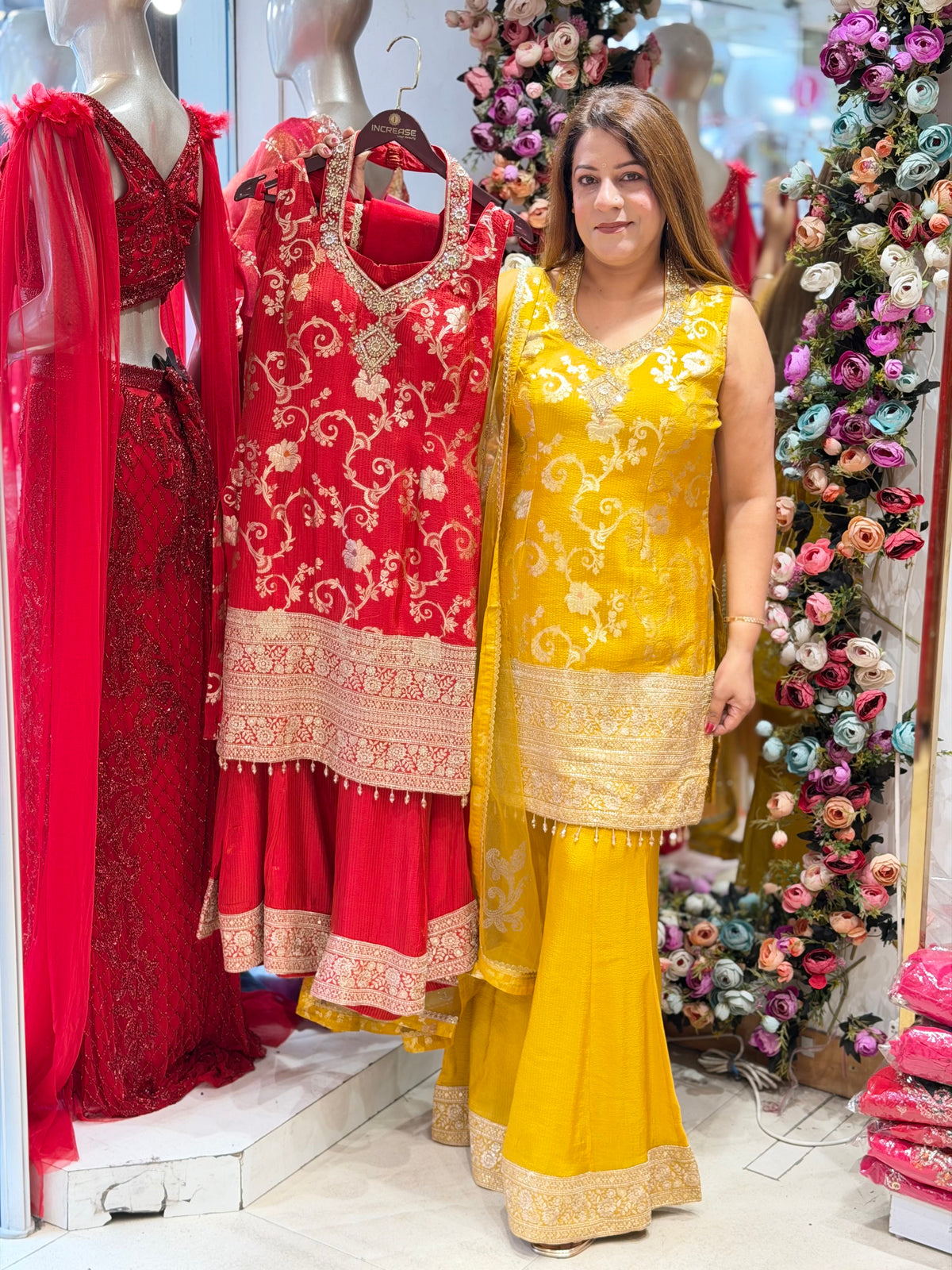 Bright Mustard Yellow Jacquard Silk Kurti & Sharara Suit Set | Increase Fashion