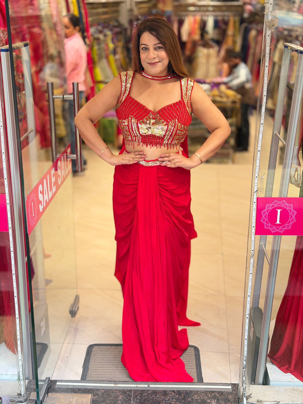 Bright Red Embellished Bustier Crop Top & Pre-Draped Saree Skirt Set | Increase Fashion