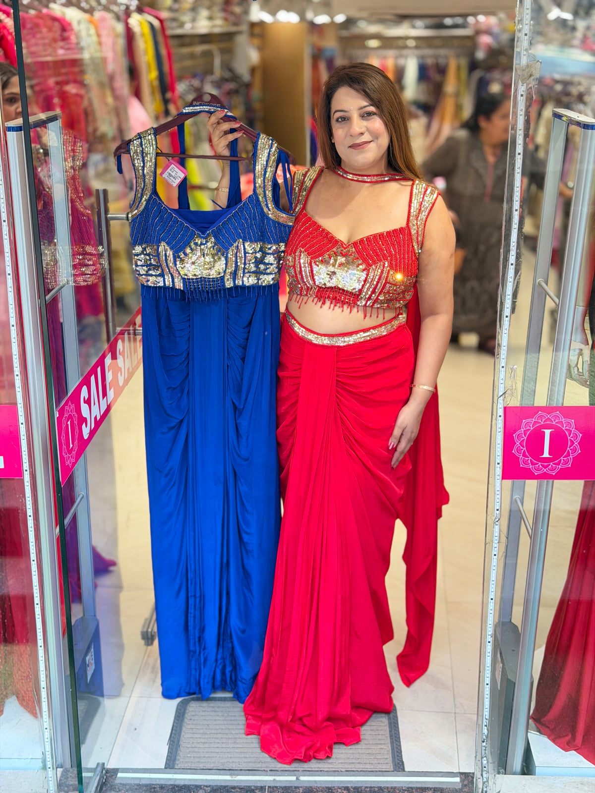 Bright Red Embellished Bustier Crop Top & Pre-Draped Saree Skirt Set | Increase Fashion