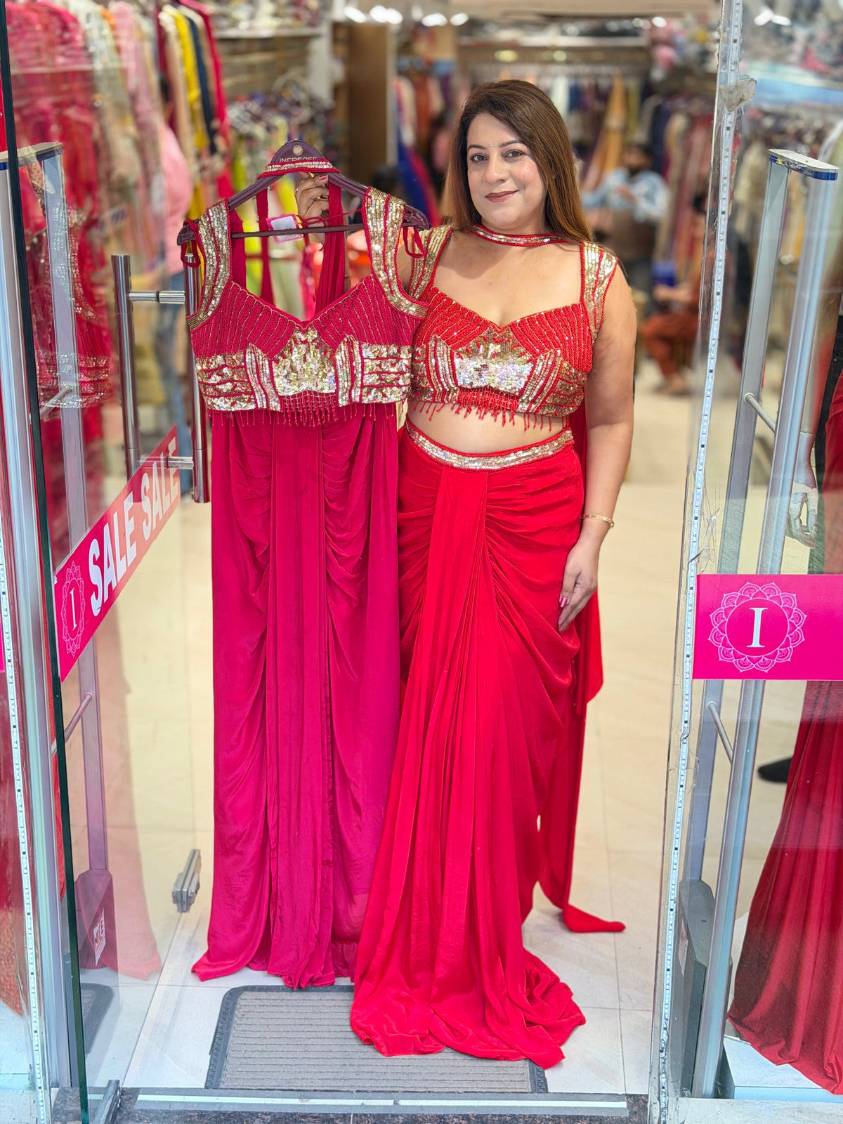 Bright Red Embellished Bustier Crop Top & Pre-Draped Saree Skirt Set | Increase Fashion
