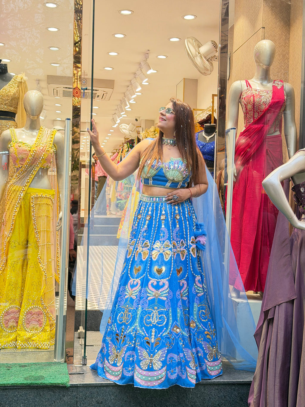 Blue Butterfly Embroidered Lehenga Set with Sheer Cape