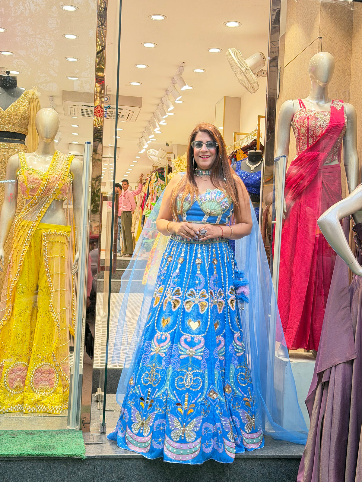Blue Butterfly Embroidered Lehenga Set with Sheer Cape