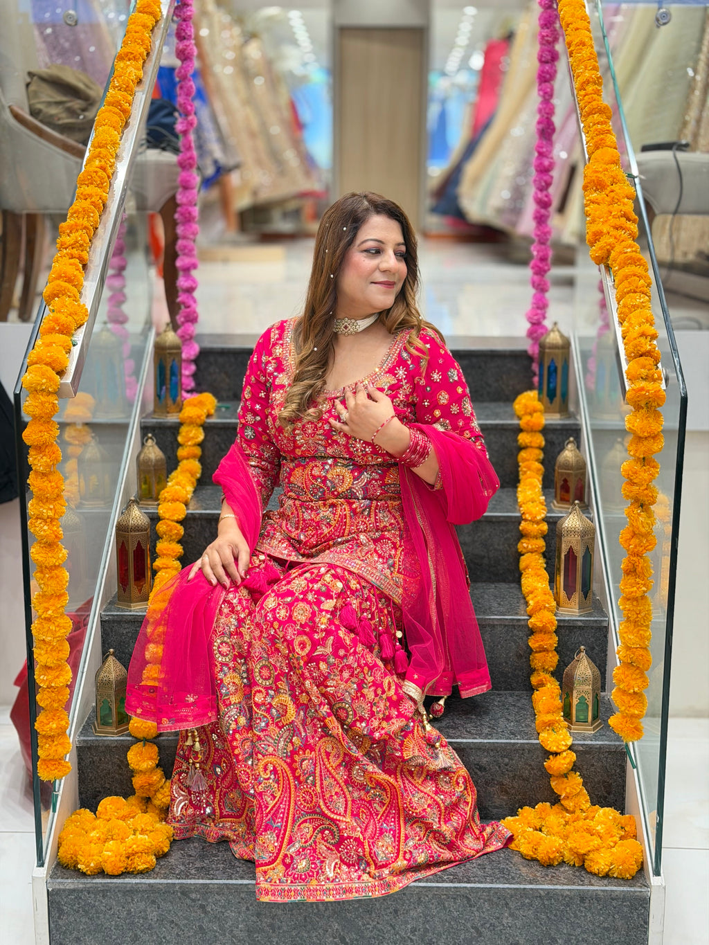 Heavy Paisley Embroidered Short Kurta with Gharara & Tassel Dupatta – Vibrant Magenta Pink