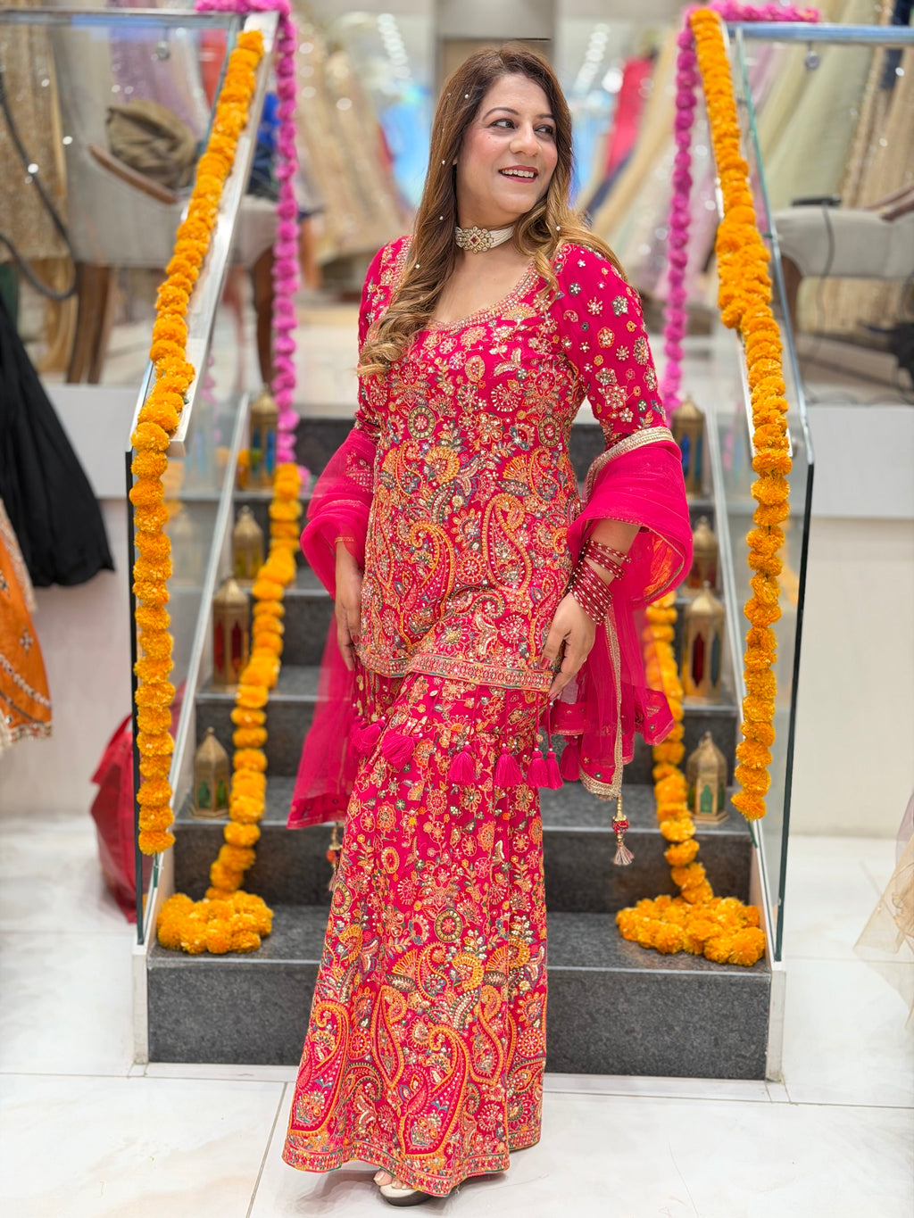 Heavy Paisley Embroidered Short Kurta with Gharara & Tassel Dupatta – Vibrant Magenta Pink