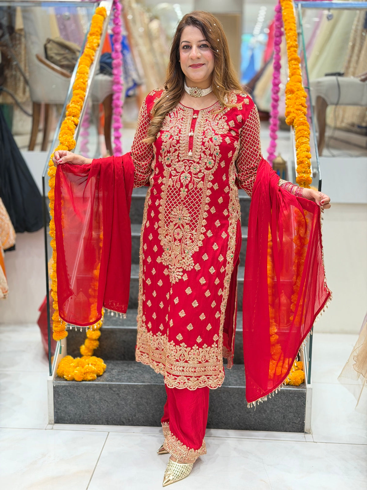 Heavy Zardozi Embroidered Kurta with Matching Pants and Dupatta Set – Crimson Red
