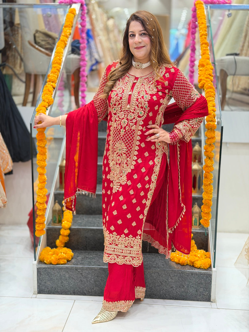 Heavy Zardozi Embroidered Kurta with Matching Pants and Dupatta Set – Crimson Red