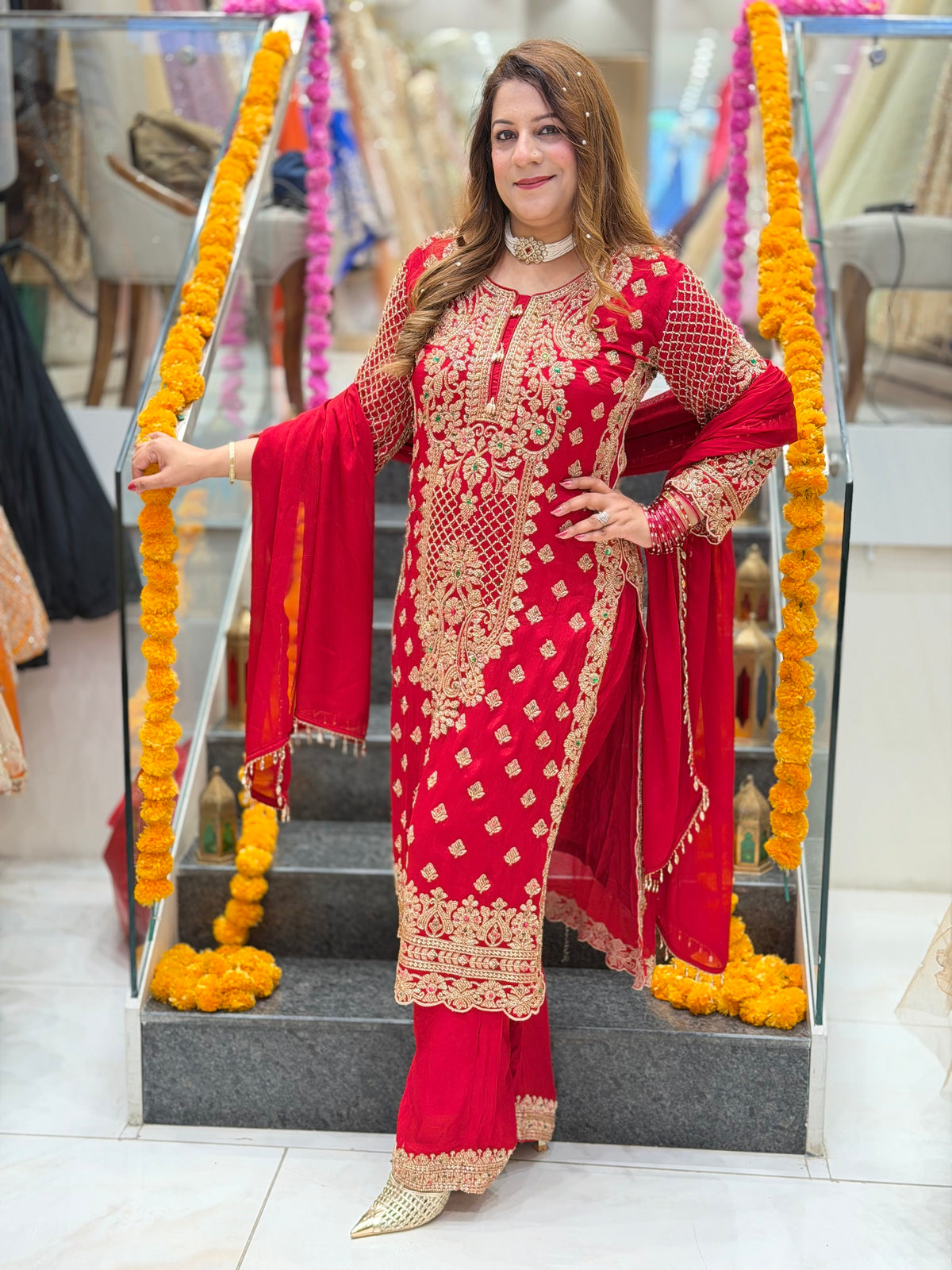Heavy Zardozi Embroidered Kurta with Matching Pants and Dupatta Set – Crimson Red