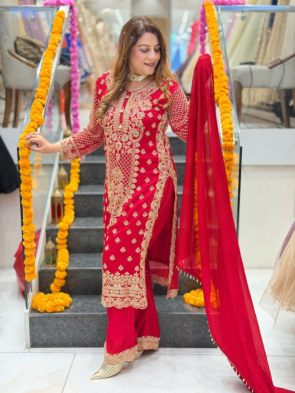 Heavy Zardozi Embroidered Kurta with Matching Pants and Dupatta Set – Crimson Red