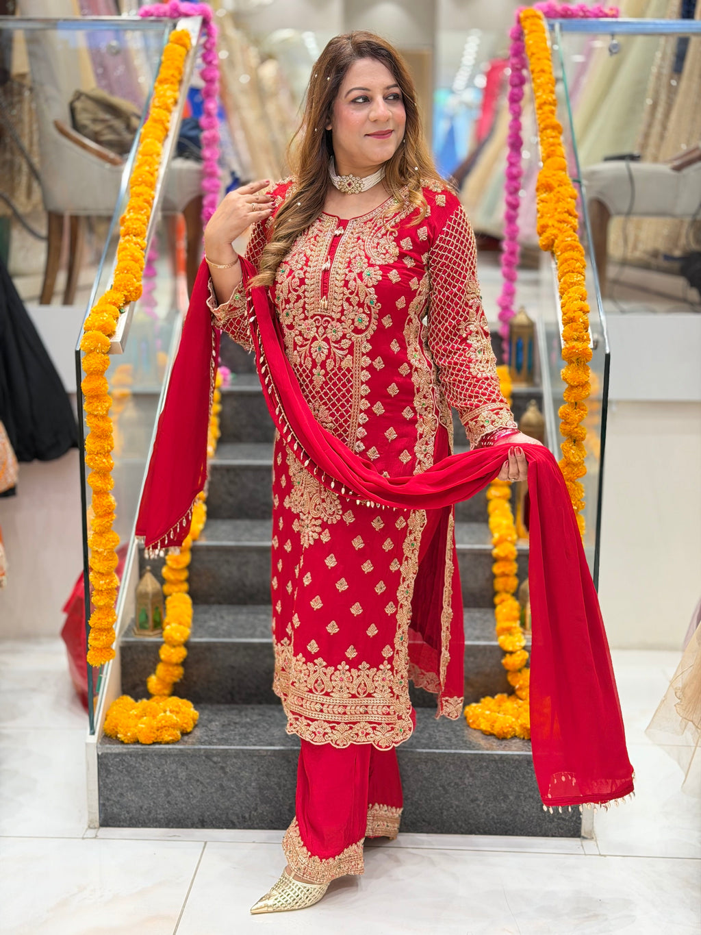 Heavy Zardozi Embroidered Kurta with Matching Pants and Dupatta Set – Crimson Red