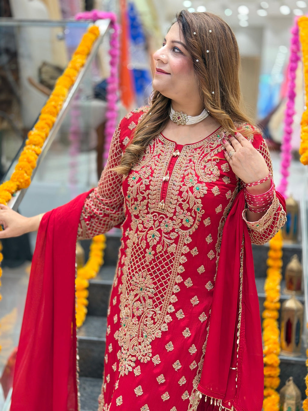 Heavy Zardozi Embroidered Kurta with Matching Pants and Dupatta Set – Crimson Red