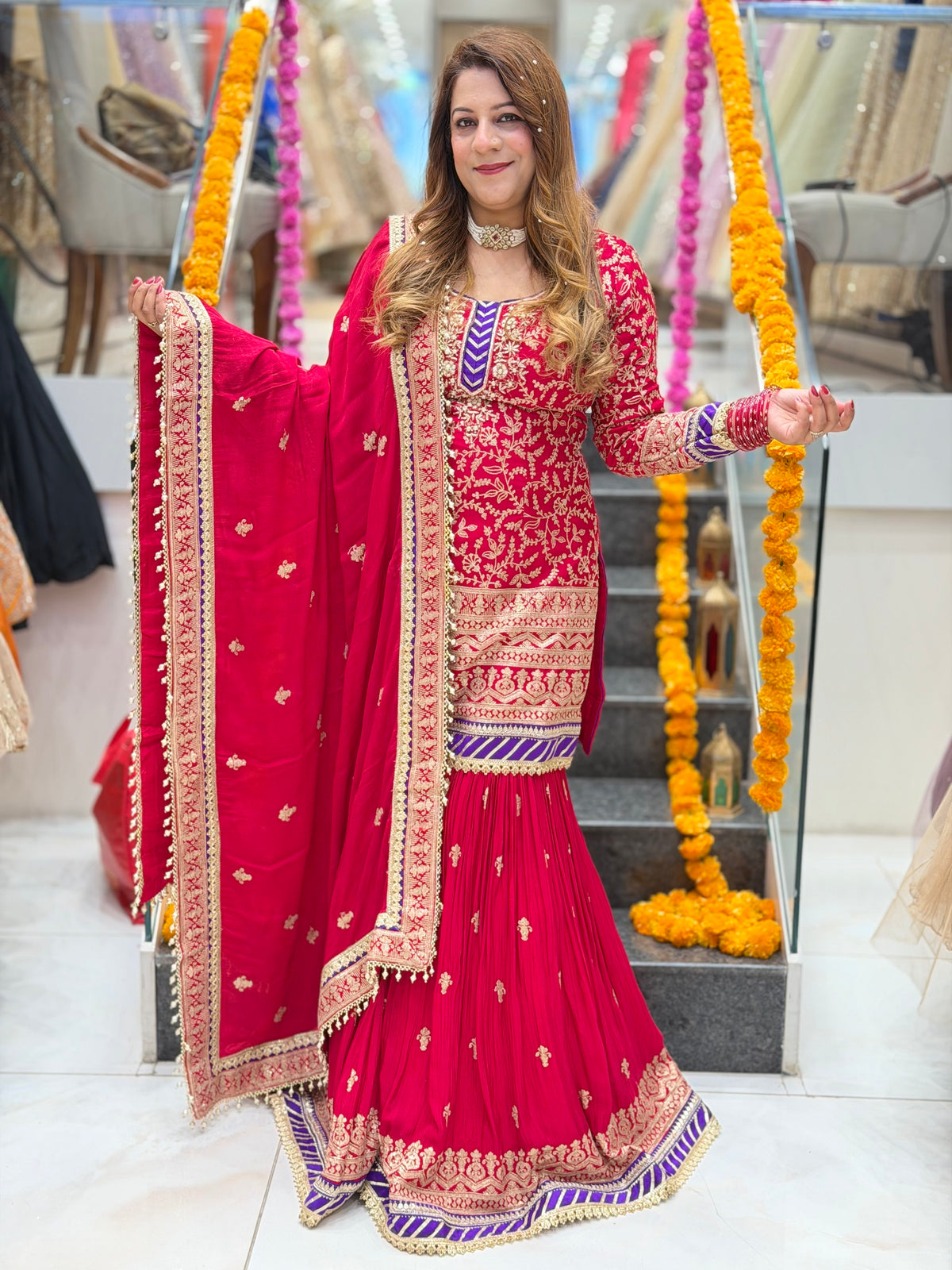 Zari Embroidered Kurta with Pleated Gharara and Dupatta Set – Magenta Pink and Royal Purple
