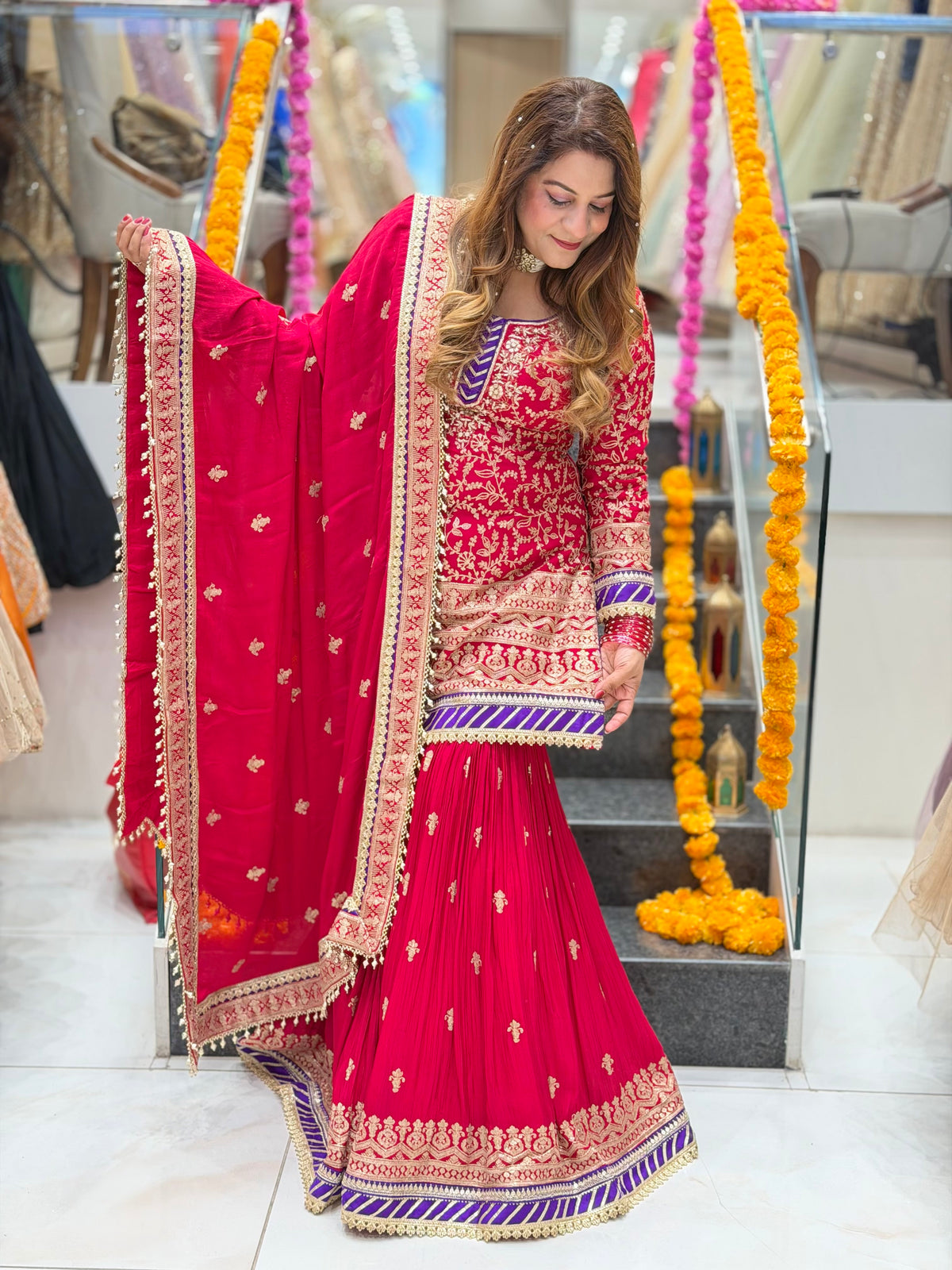 Zari Embroidered Kurta with Pleated Gharara and Dupatta Set – Magenta Pink and Royal Purple