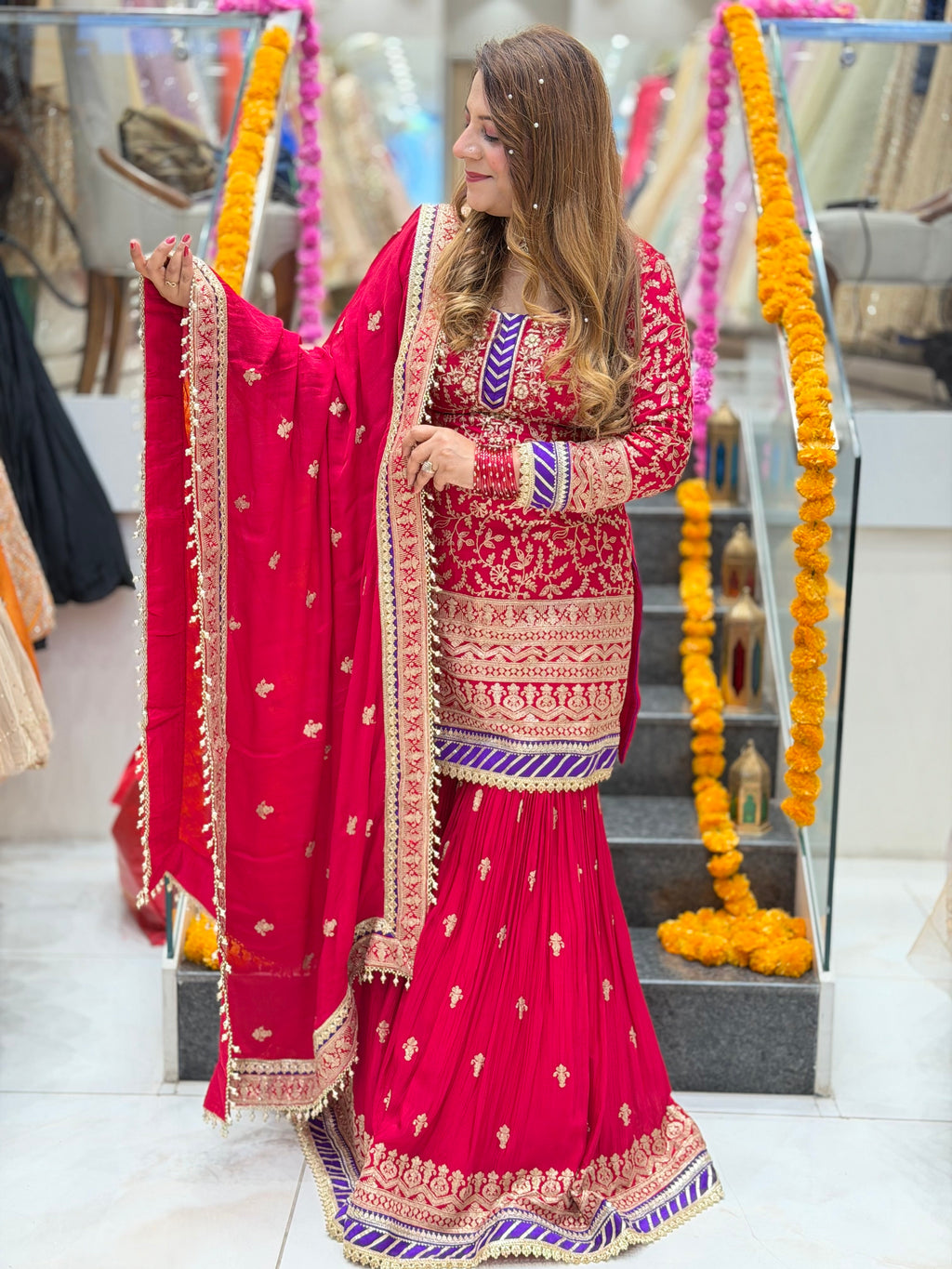 Zari Embroidered Kurta with Pleated Gharara and Dupatta Set – Magenta Pink and Royal Purple