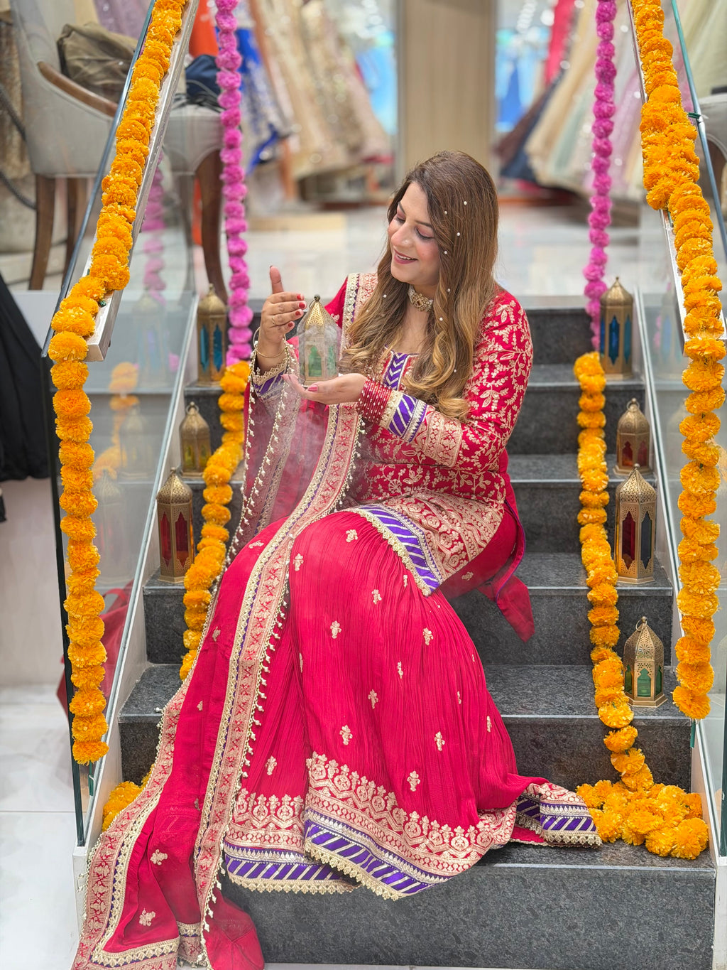 Zari Embroidered Kurta with Pleated Gharara and Dupatta Set – Magenta Pink and Royal Purple
