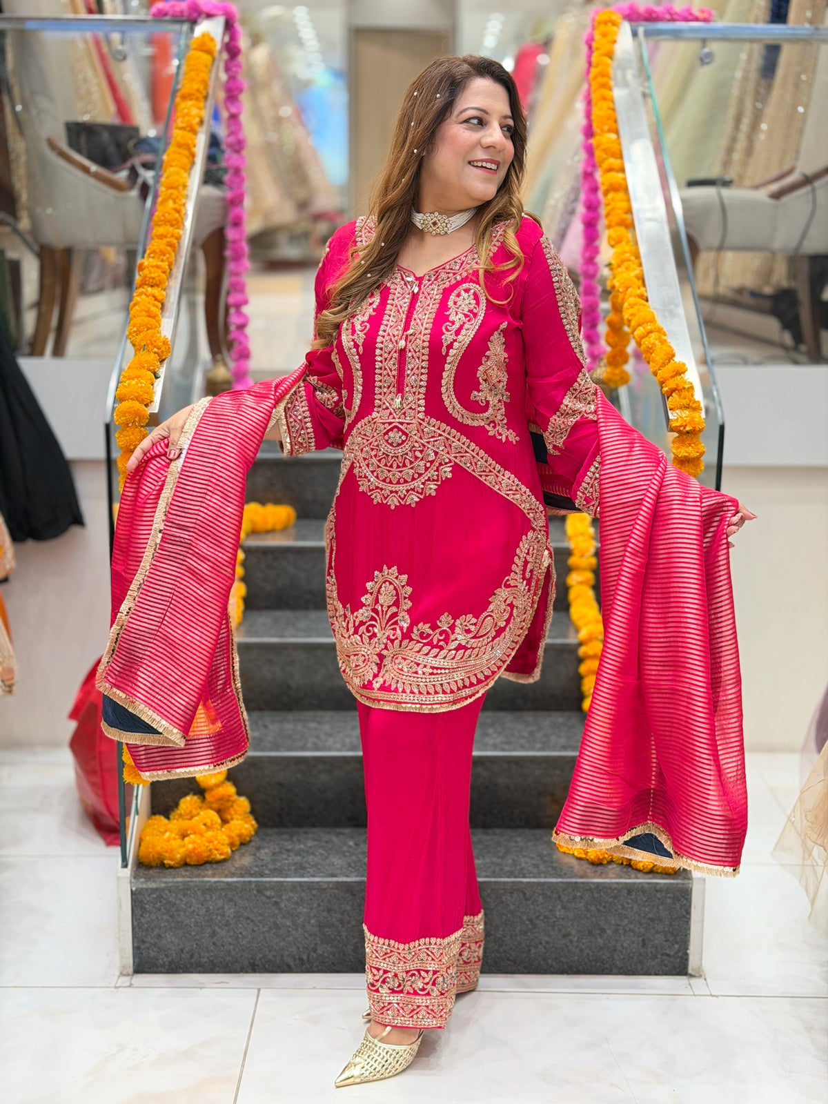 Zari Embroidered Kurta with Matching Pants and Striped Dupatta Set – Rani Pink