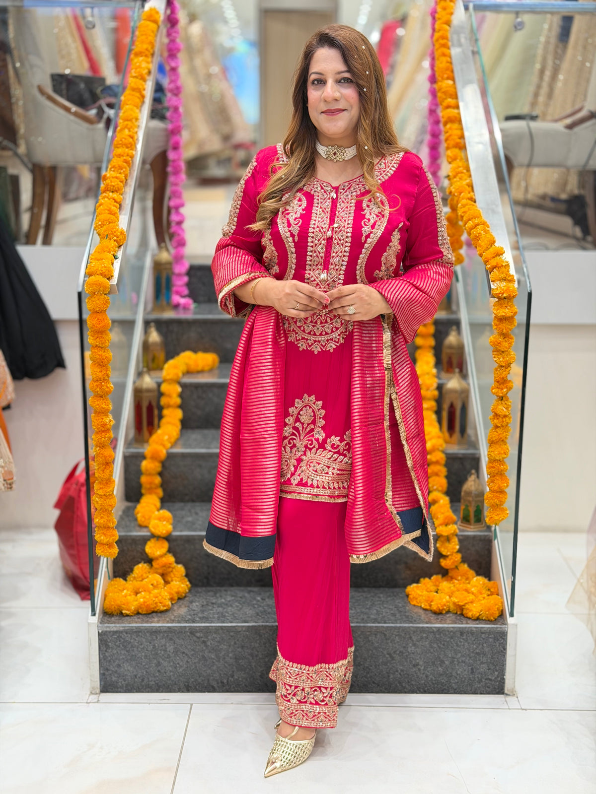 Zari Embroidered Kurta with Matching Pants and Striped Dupatta Set – Rani Pink