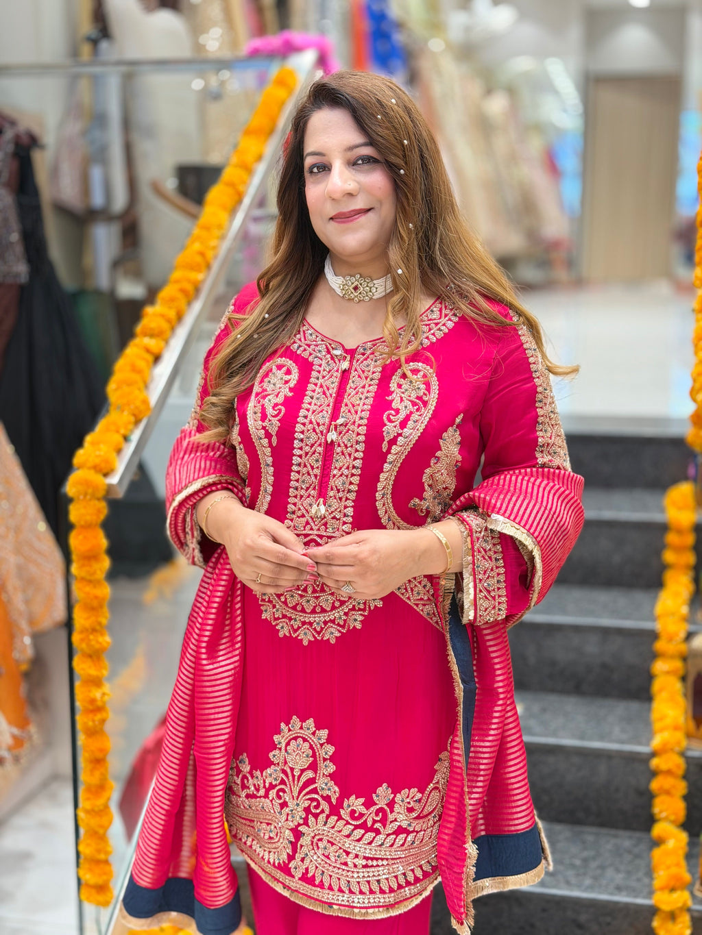 Zari Embroidered Kurta with Matching Pants and Striped Dupatta Set – Rani Pink