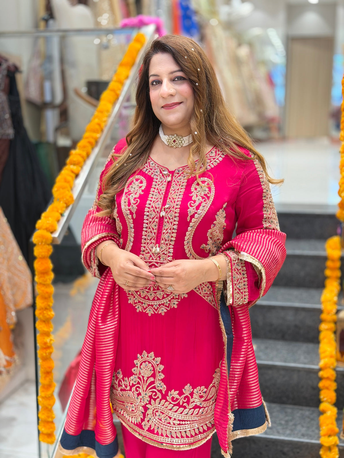 Zari Embroidered Kurta with Matching Pants and Striped Dupatta Set – Rani Pink