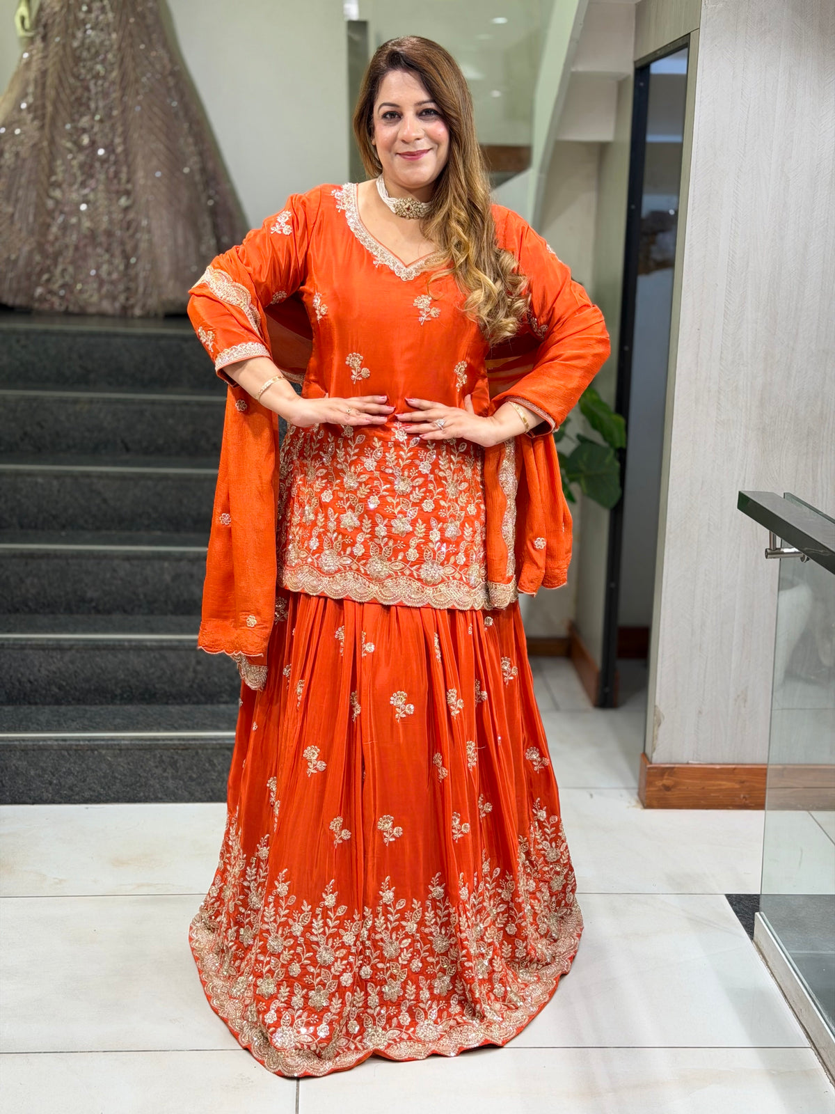 Zardozi Embroidered Short Kurta with Flared Gharara & Dupatta Set | Increase Fashion