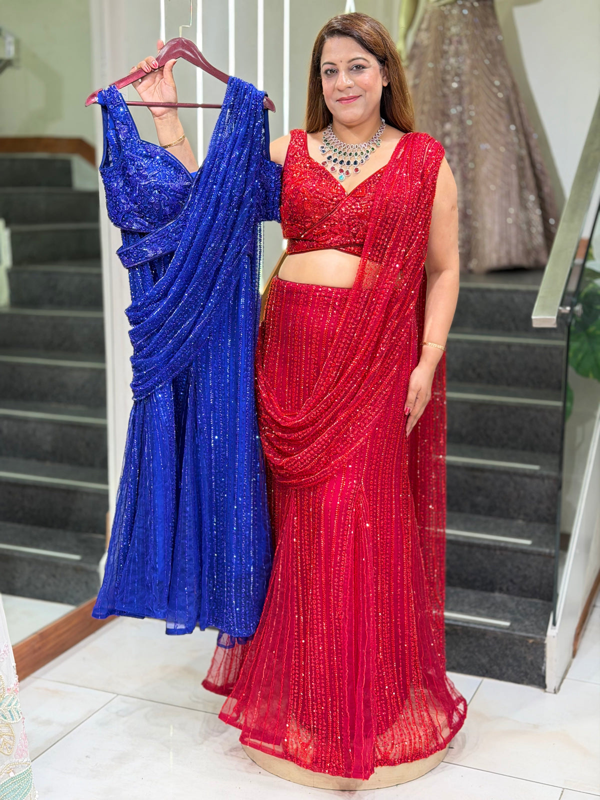 Sequin-Embellished Pre-Draped Saree Gown with Matching Blouse | Increase Fashion