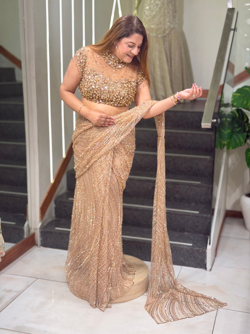 Rose Gold Champagne Heavily Sequined Pre-Draped Saree Set | Increase Fashion