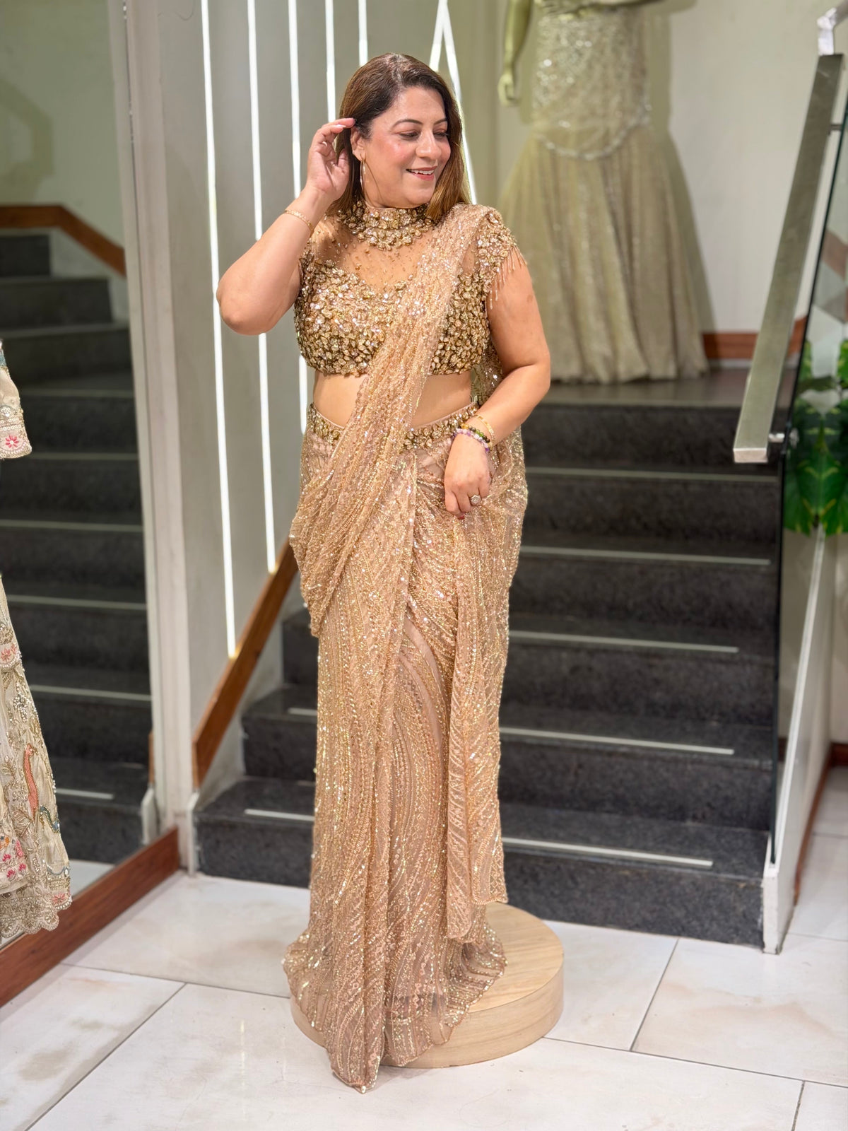 Rose Gold Champagne Heavily Sequined Pre-Draped Saree Set | Increase Fashion