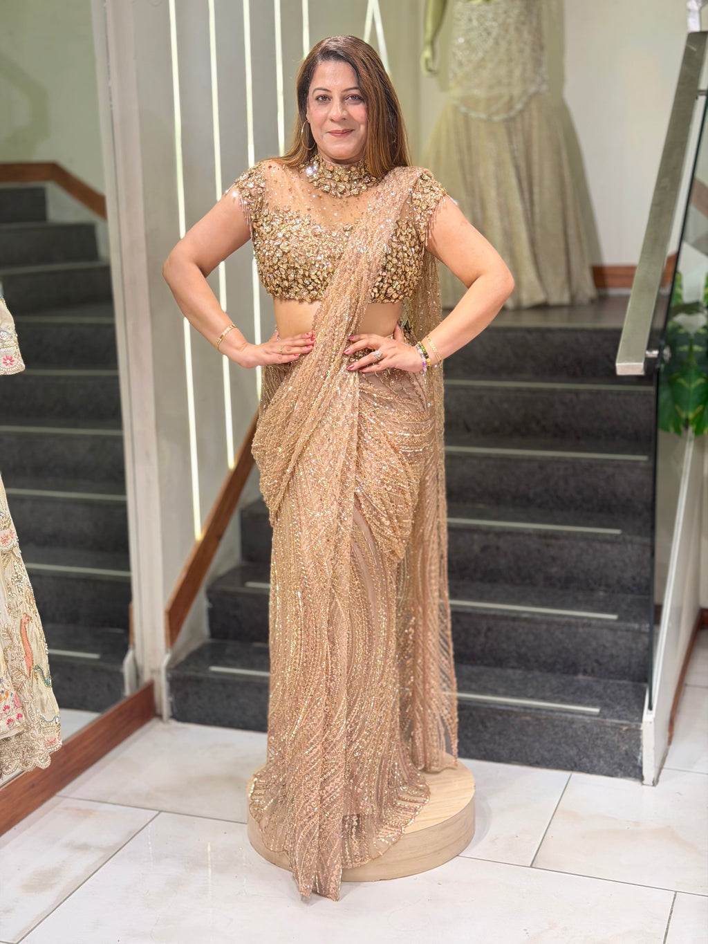 Rose Gold Champagne Heavily Sequined Pre-Draped Saree Set | Increase Fashion