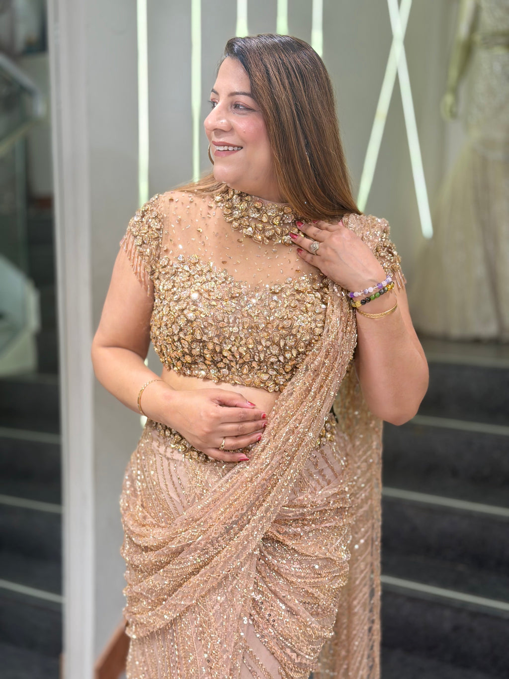 Rose Gold Champagne Heavily Sequined Pre-Draped Saree Set | Increase Fashion