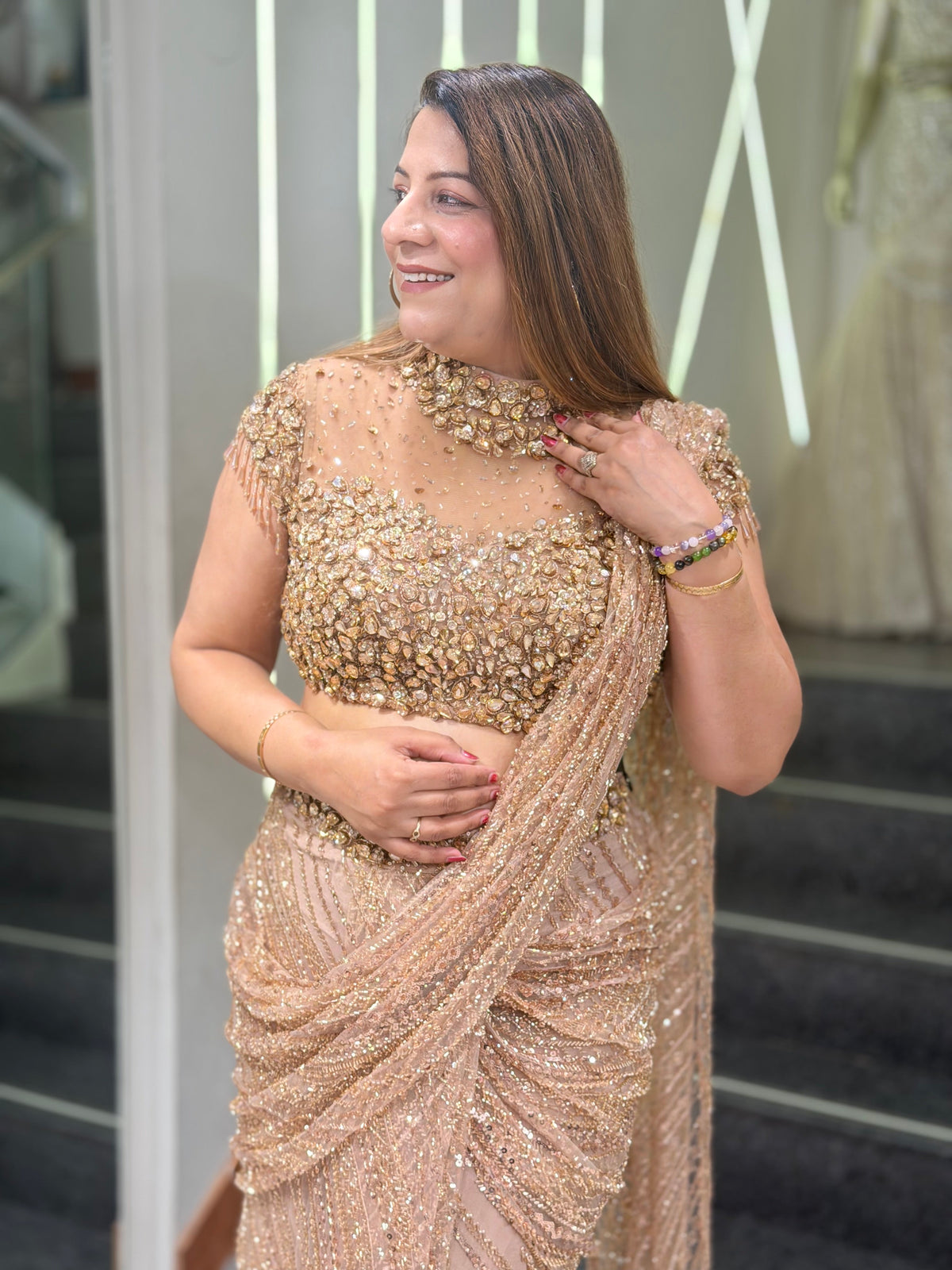 Rose Gold Champagne Heavily Sequined Pre-Draped Saree Set | Increase Fashion