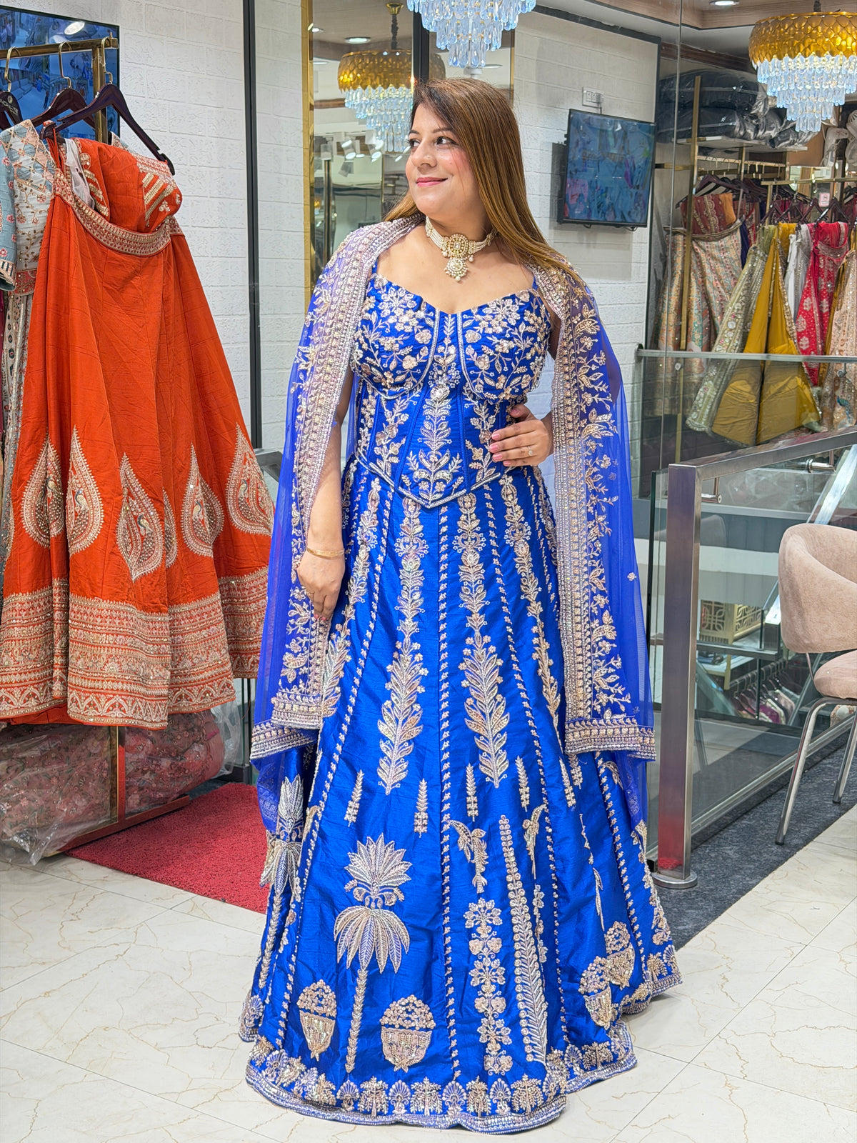 Royal Blue Corset Lehenga Set with Heavily Embroidered Net Dupatta
