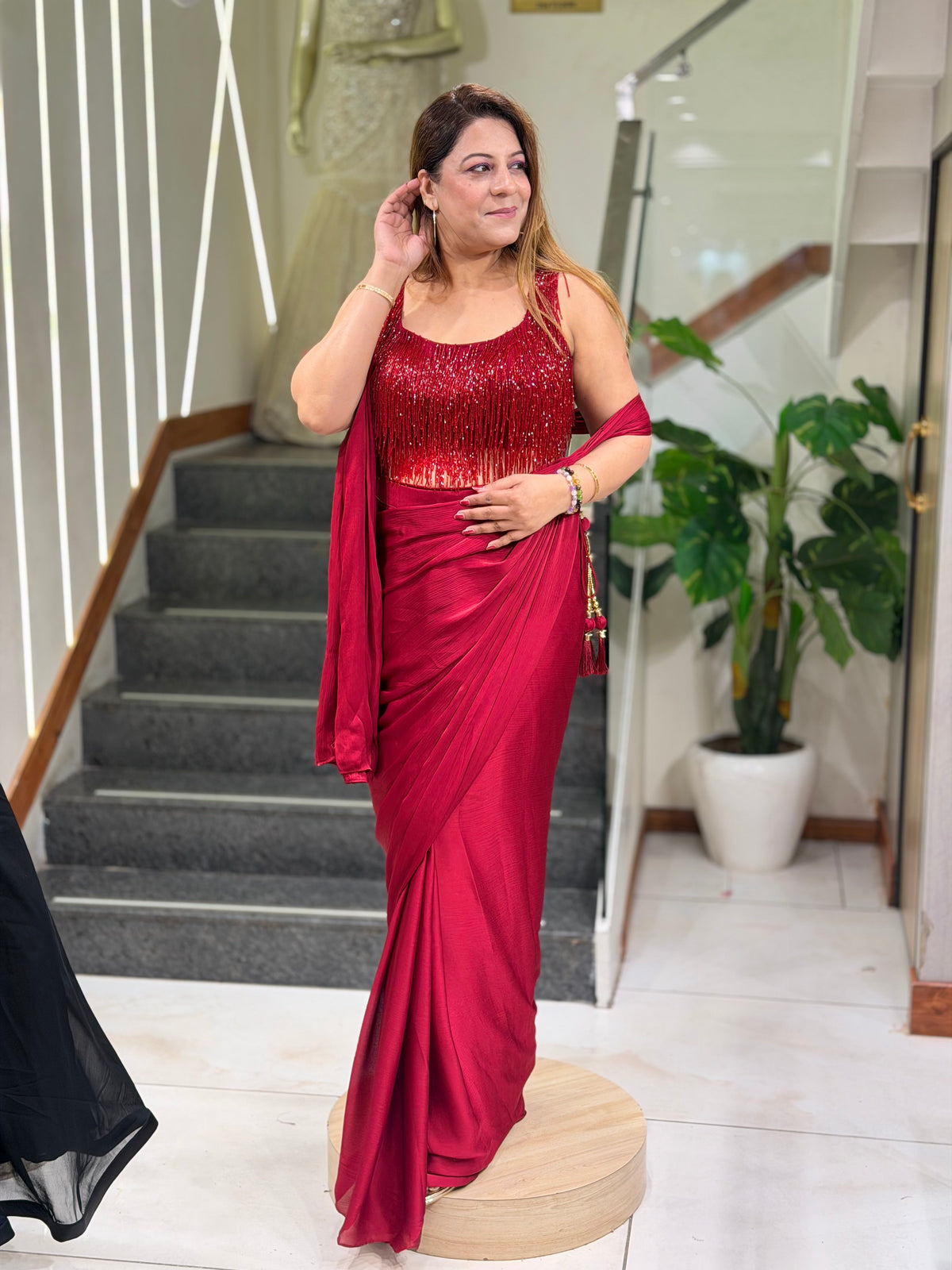 Sequin Fringe-Embellished Blouse with Pre-Draped Saree – Increase Fashion